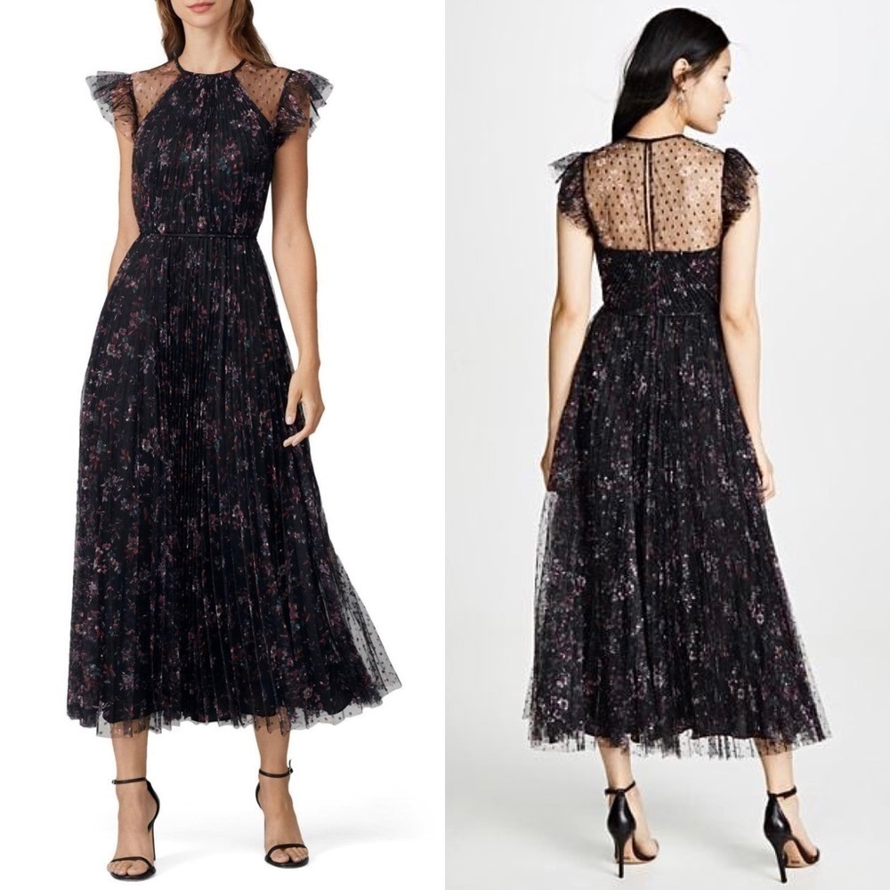 JILL STUART Floral‎ Tulle Sheer Dot Ruffle Flutter Sleeve Pleated Maxi Gown 0 - Picture 9 of 15